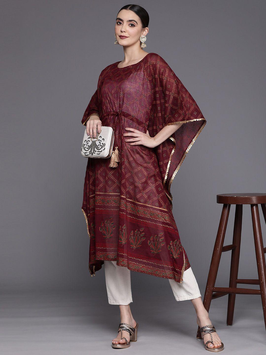 indo era women ethnic motifs printed belted detail kaftan kurta