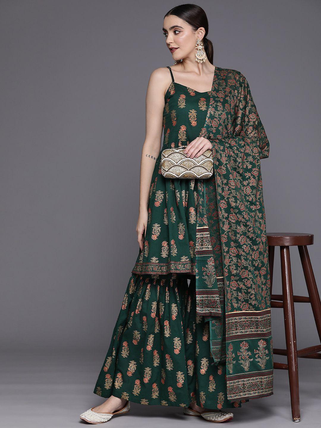 indo era women ethnic motifs printed empire kurta with sharara & with dupatta