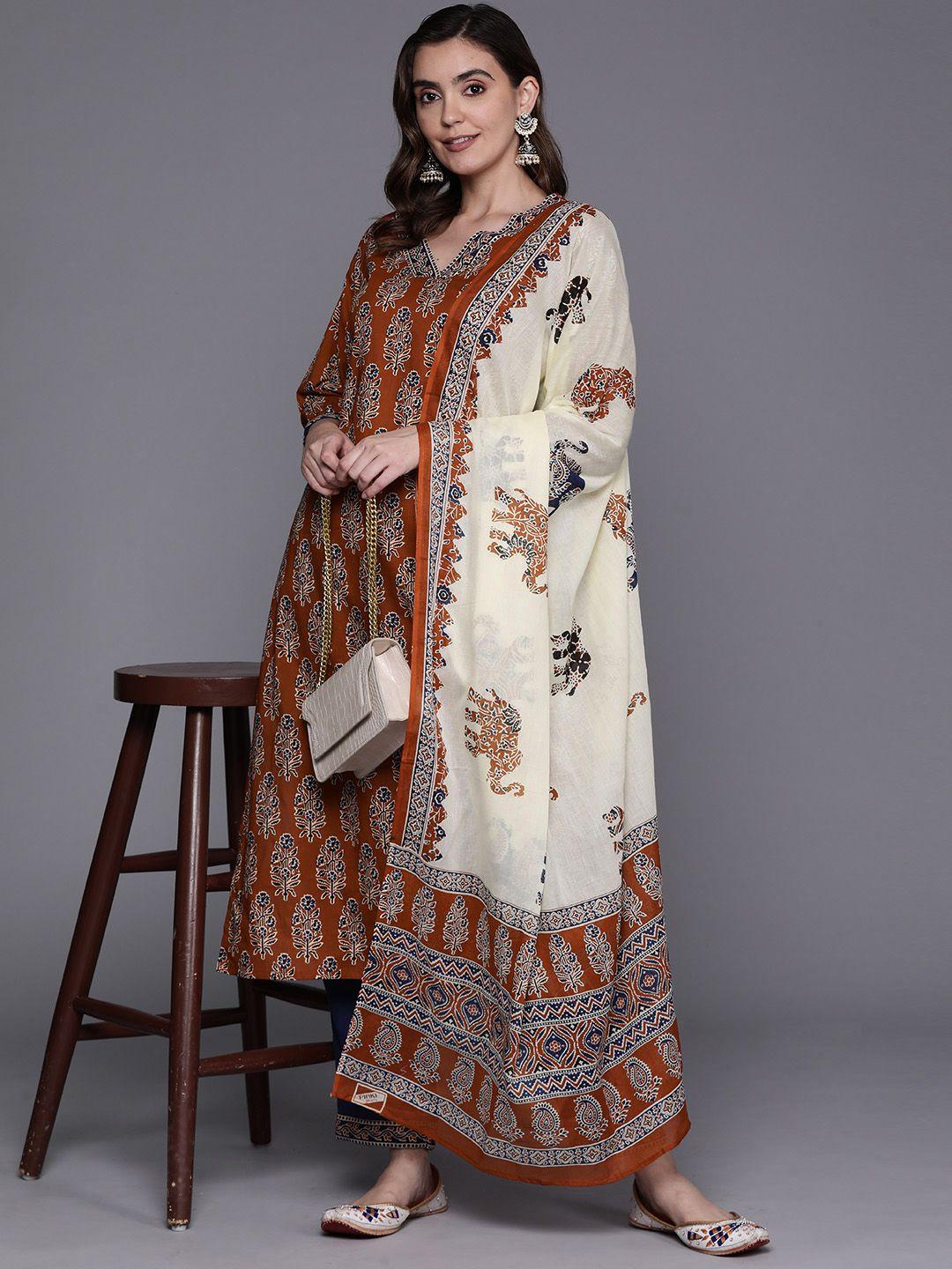 indo era women ethnic motifs printed pure cotton kurta with trousers & with dupatta