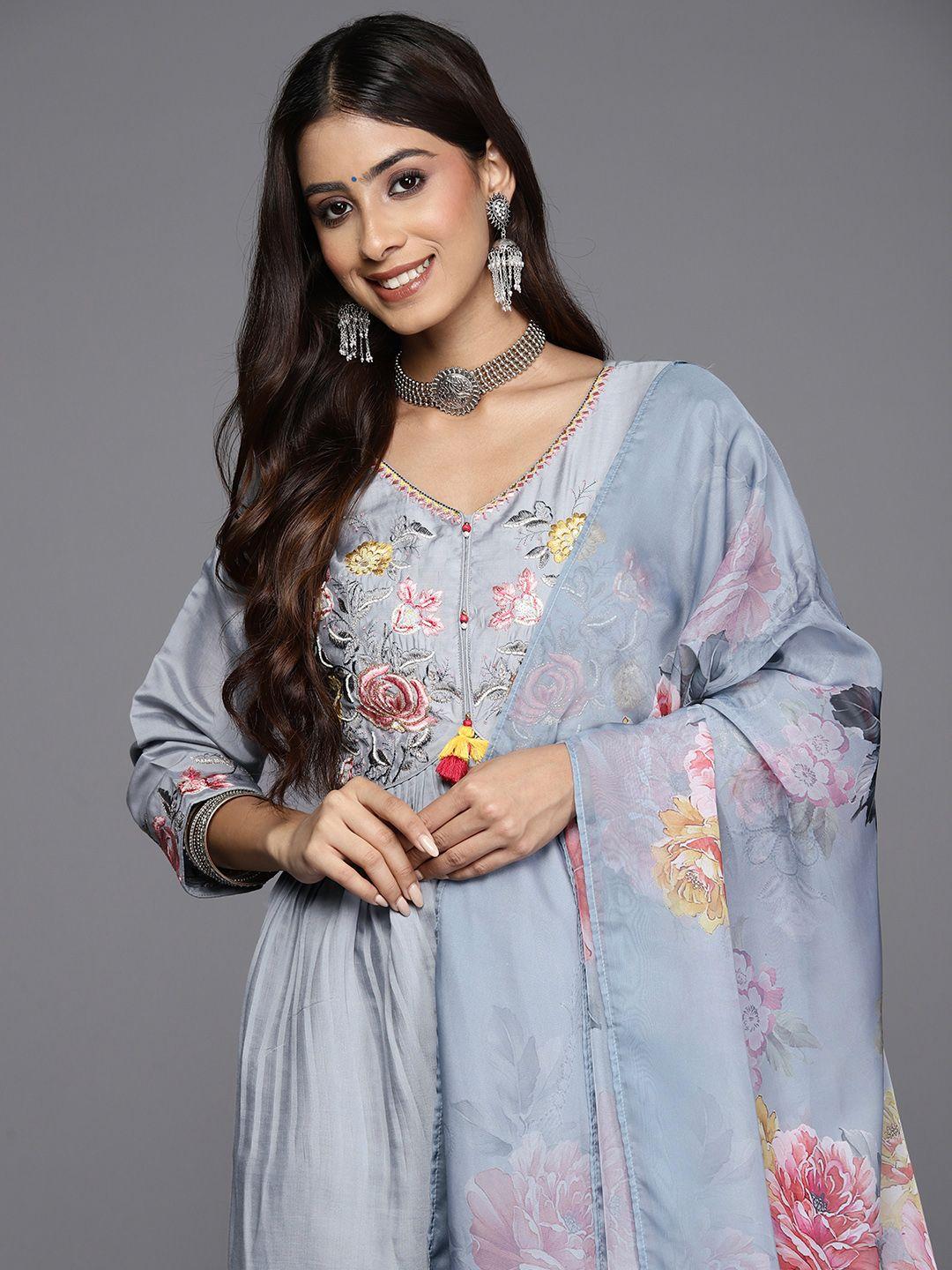 indo era women floral embroidered empire thread work kurta with trousers & with dupatta