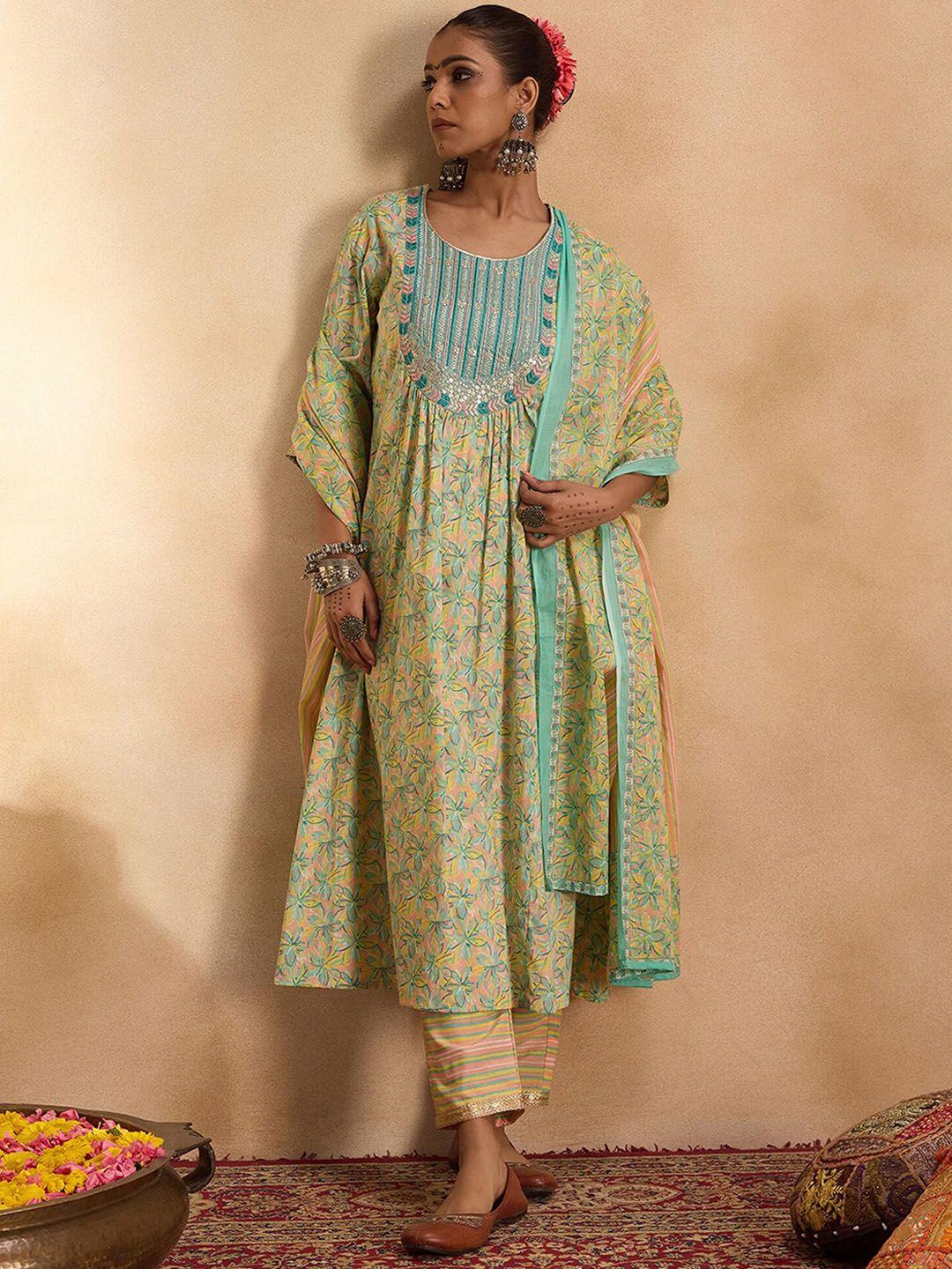 indo era women floral embroidered empire thread work pure cotton kurta with trousers & with dupatta