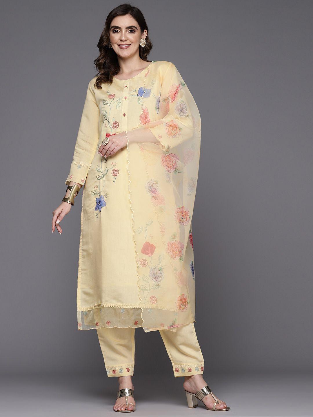 indo era women floral embroidered patchwork kurta with trousers & dupatta