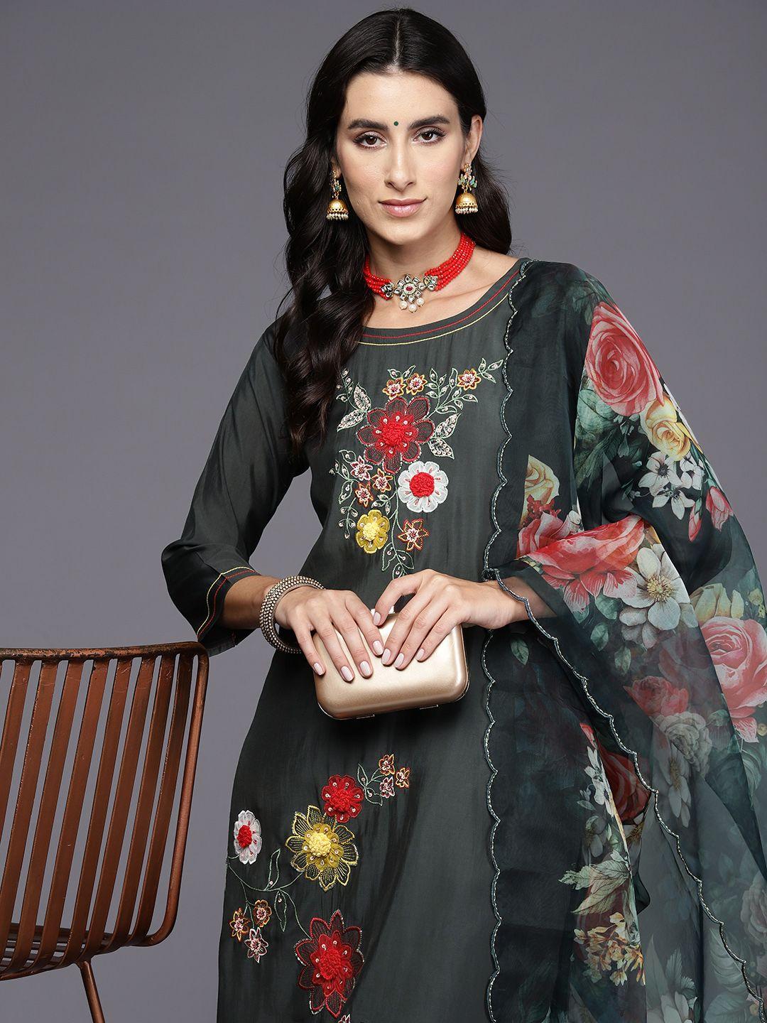 indo era women floral embroidered regular beaded kurta with trousers & with dupatta