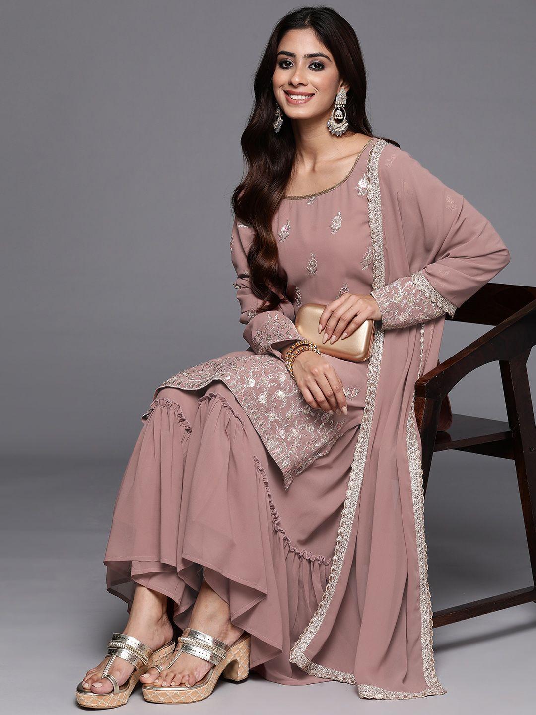 indo era women floral embroidered regular sequined kurta with sharara & with dupatta