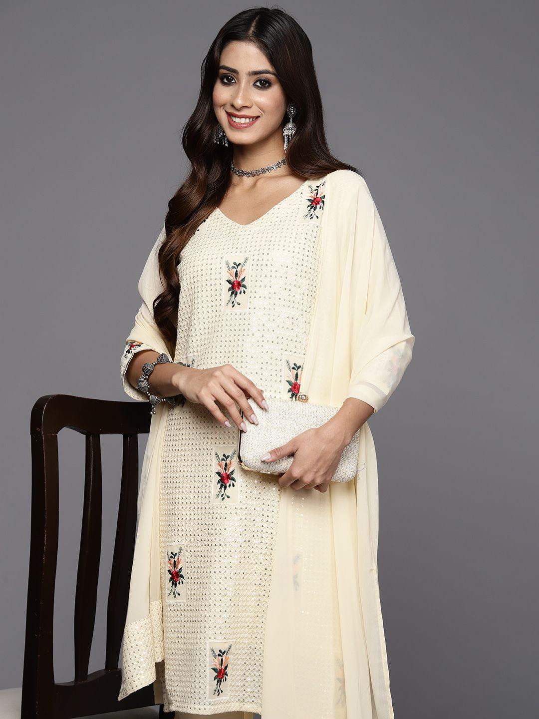 indo era women floral embroidered regular sequinned kurta with sharara & with dupatta