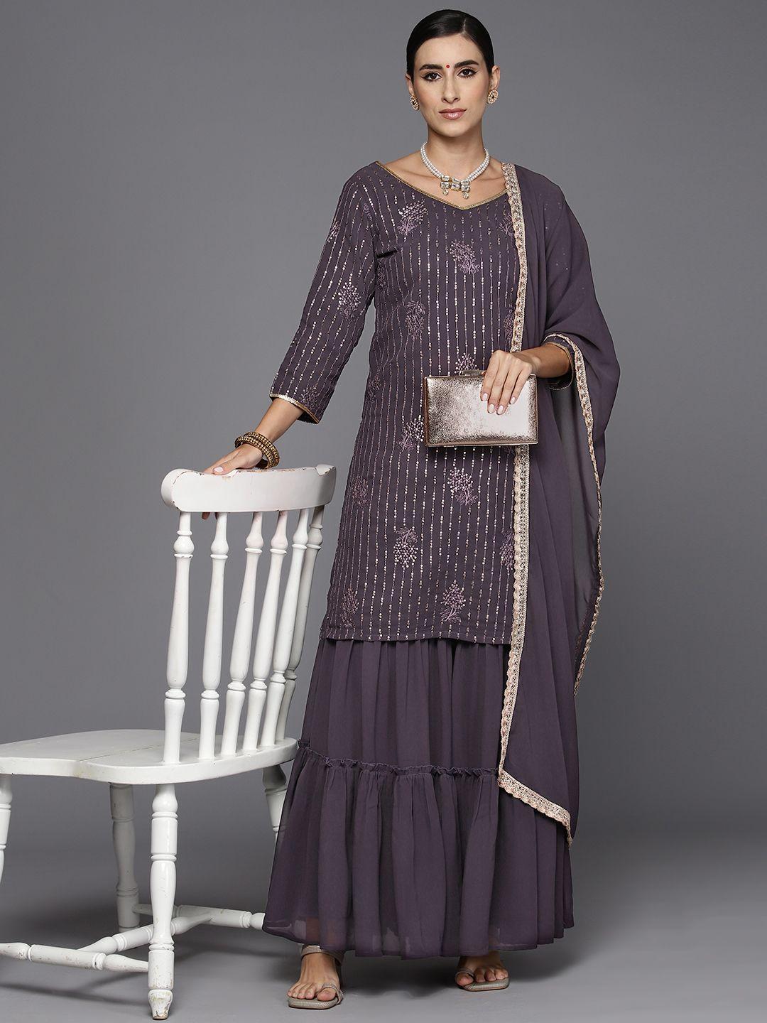 indo era women floral embroidered regular sequinned kurta with sharara & with dupatta