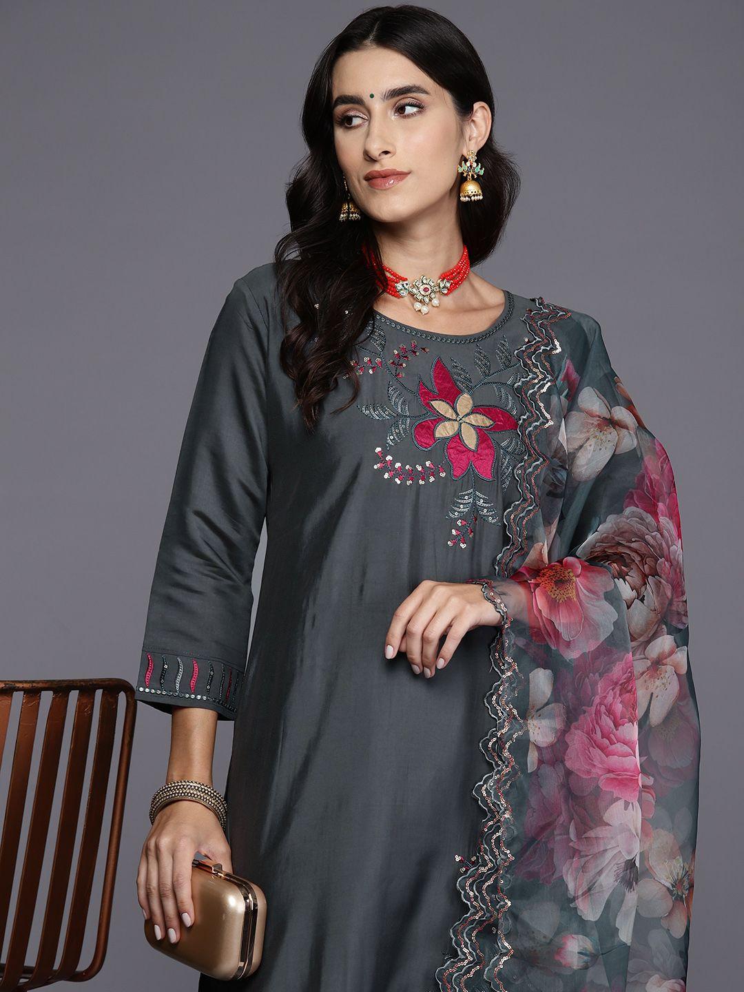 indo era women floral embroidered regular sequinned kurta with trousers & with dupatta