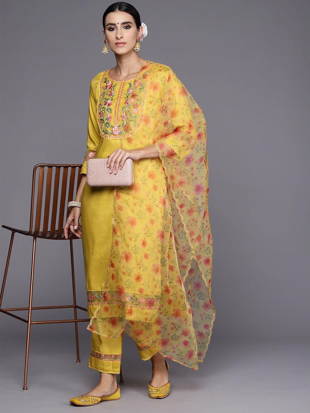 indo era women floral embroidered regular thread work kurta with trousers & dupatta