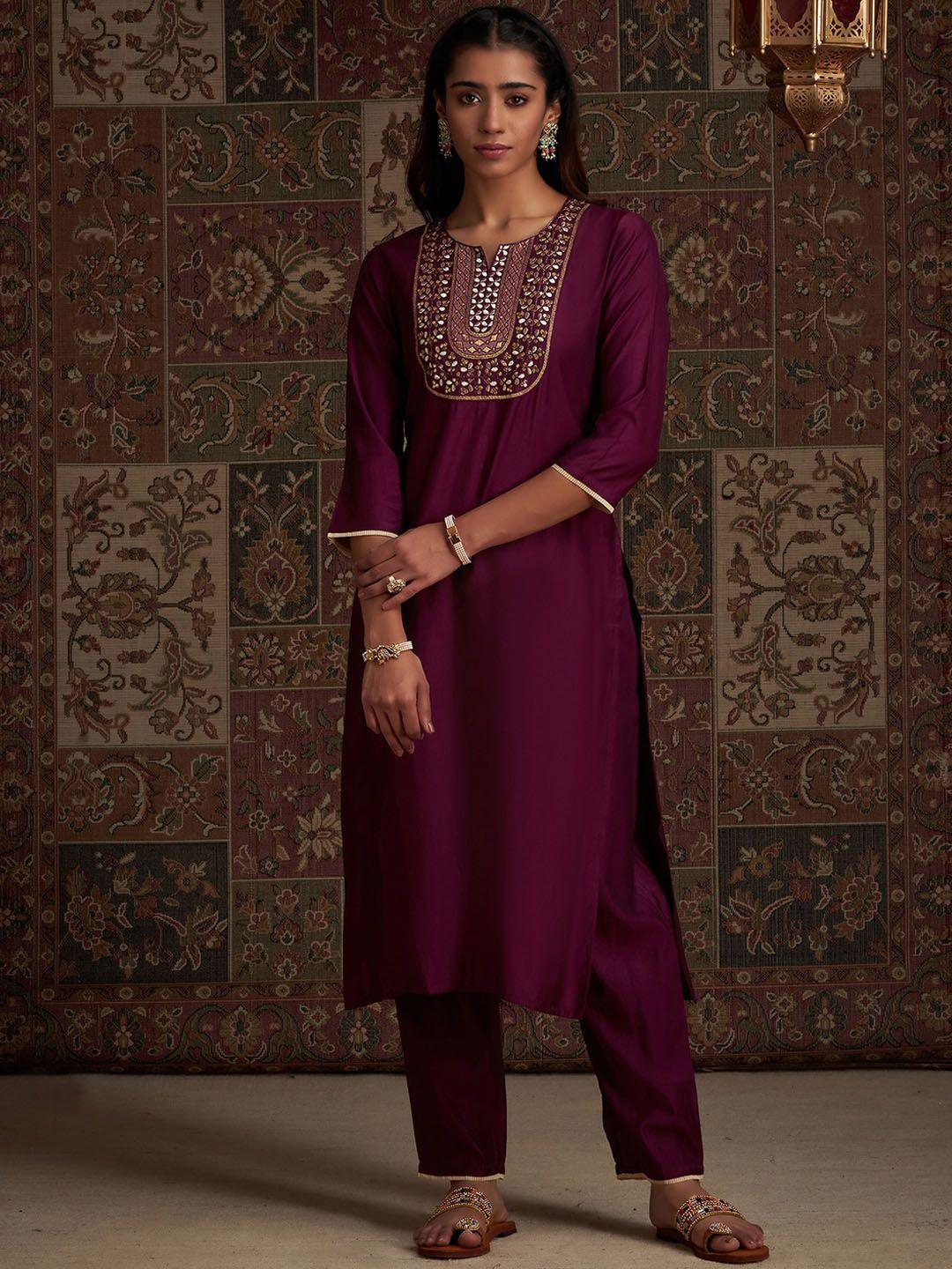 indo era women floral embroidered sequinned liva kurta with trousers & with dupatta