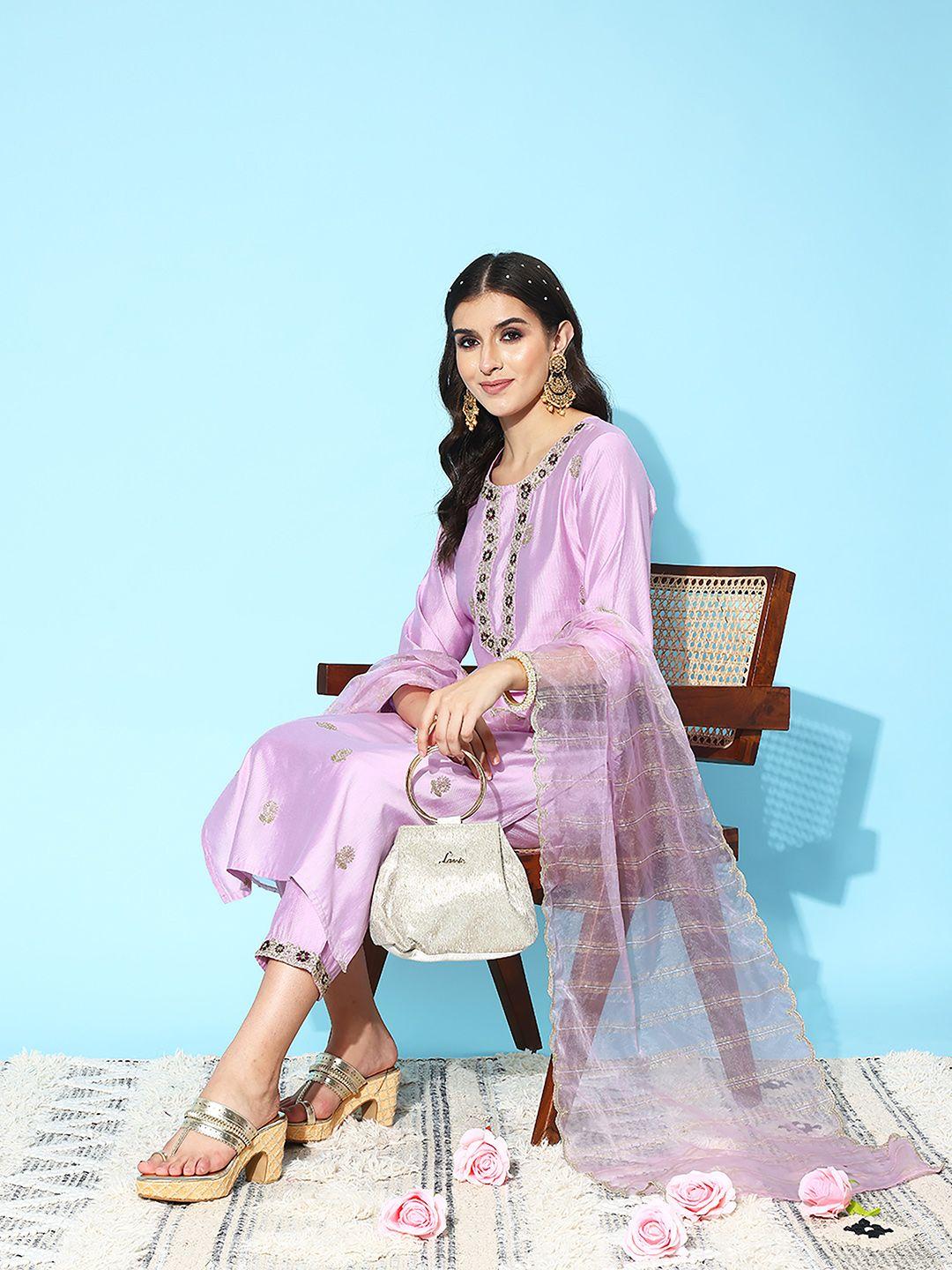 indo era women floral embroidered sequinned liva kurta with trousers & with dupatta