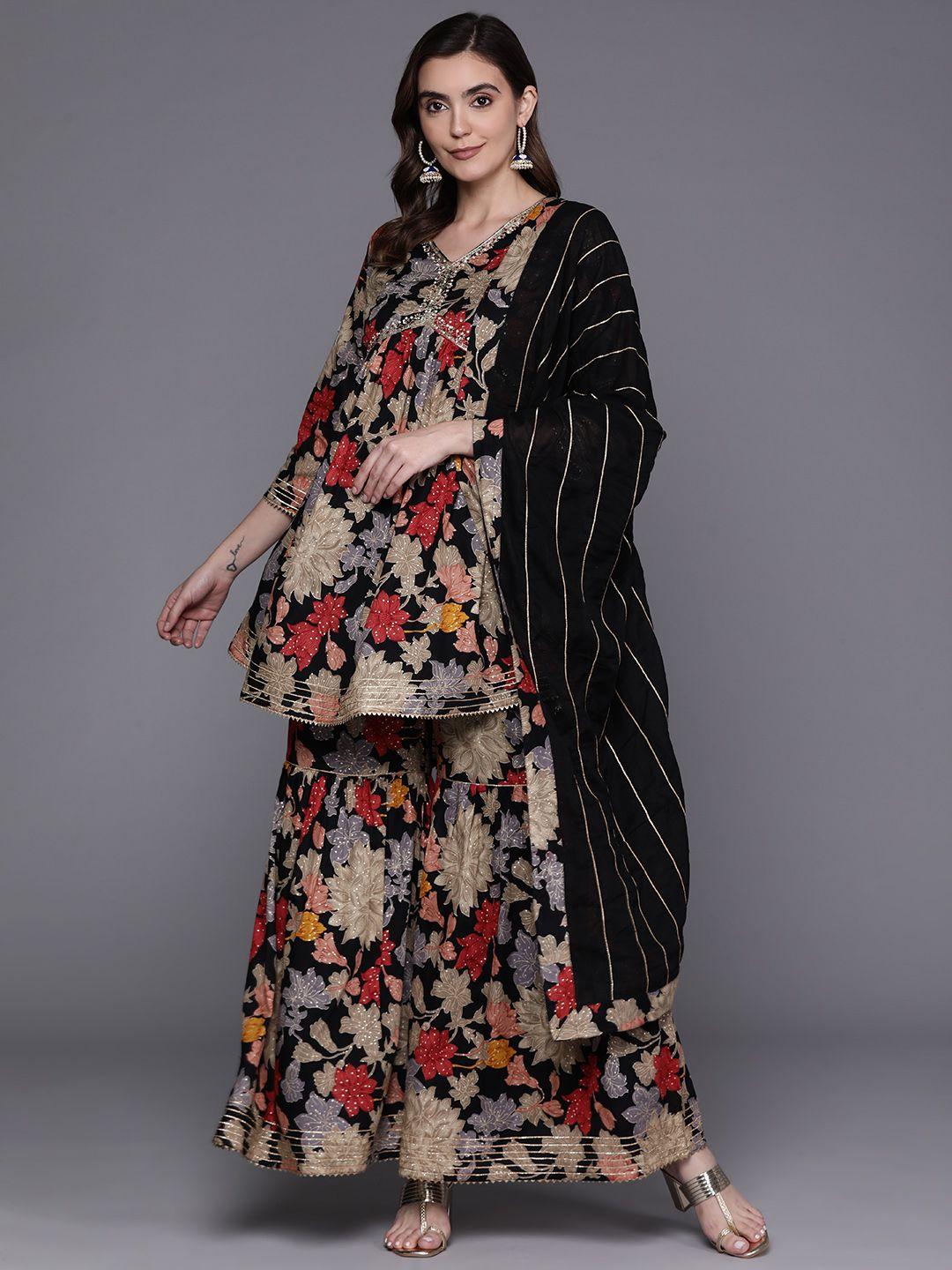 indo era women floral embroidered sequinned pure cotton kurta with sharara & with dupatta