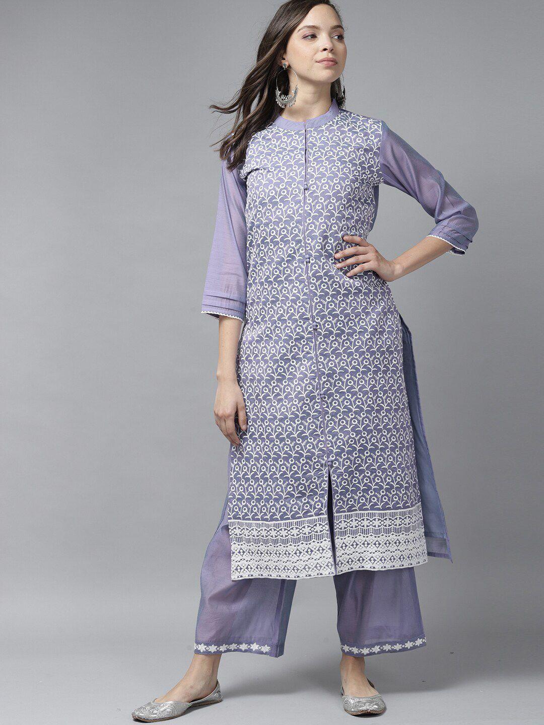 indo era women floral embroidered thread work kurta with palazzos