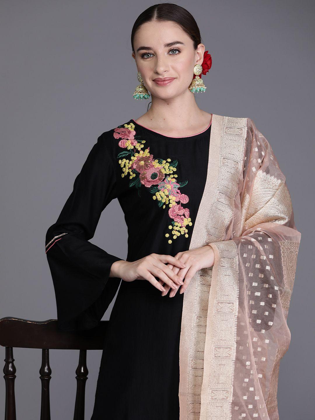 indo era women floral embroidered thread work liva kurta with palazzos & with dupatta