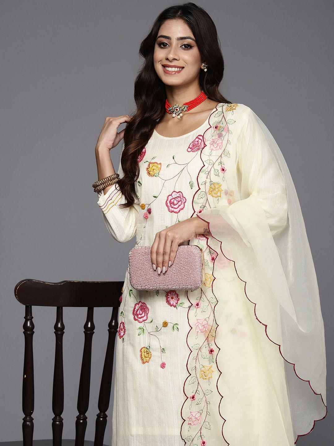 indo era women floral embroidered thread work pure cotton kurta with trousers & dupatta