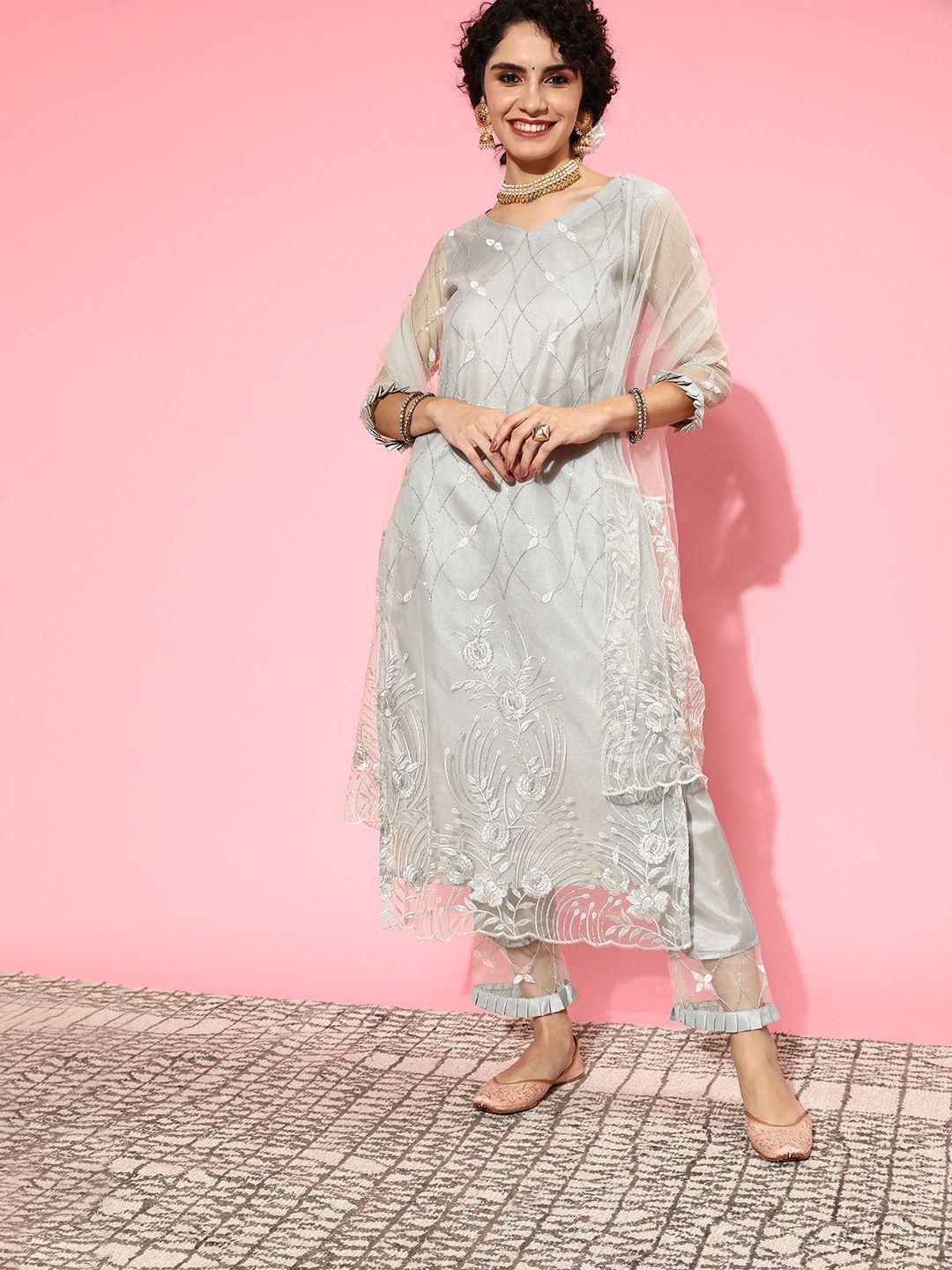 indo era women floral net ethereal embroidery kurta set