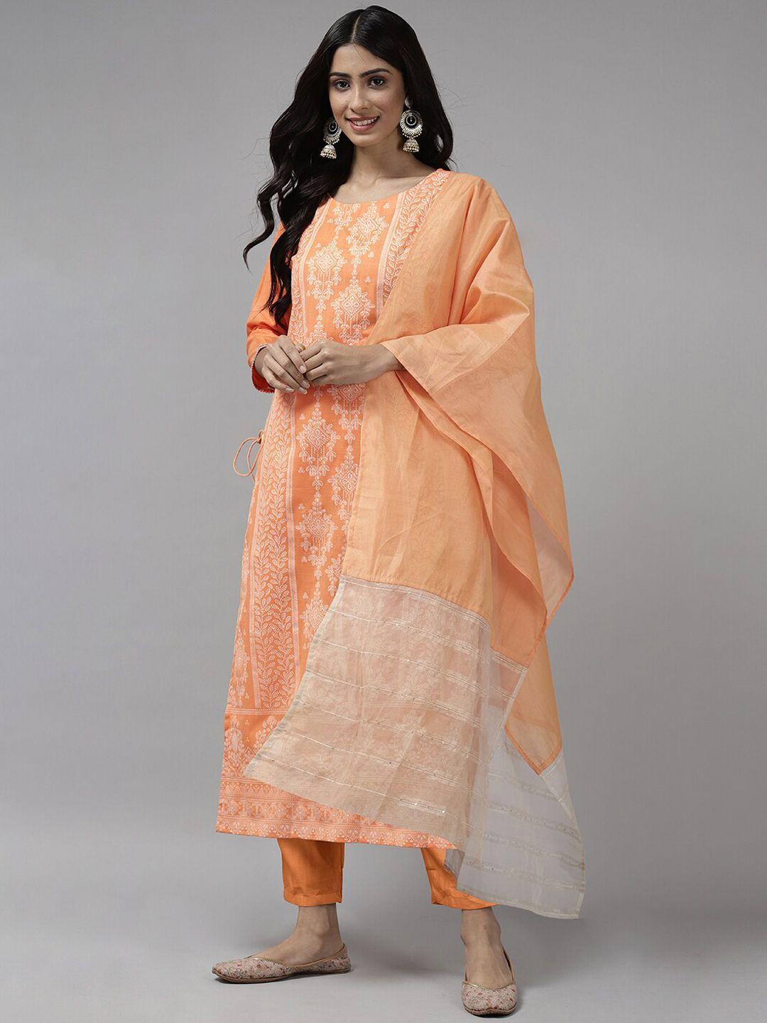 indo era women floral printed chanderi silk kurta with trousers & with dupatta