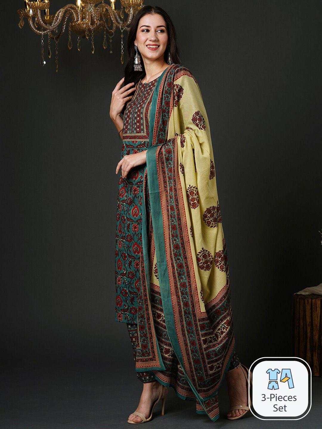 indo era women floral printed pure cotton kurta & trousers with dupatta