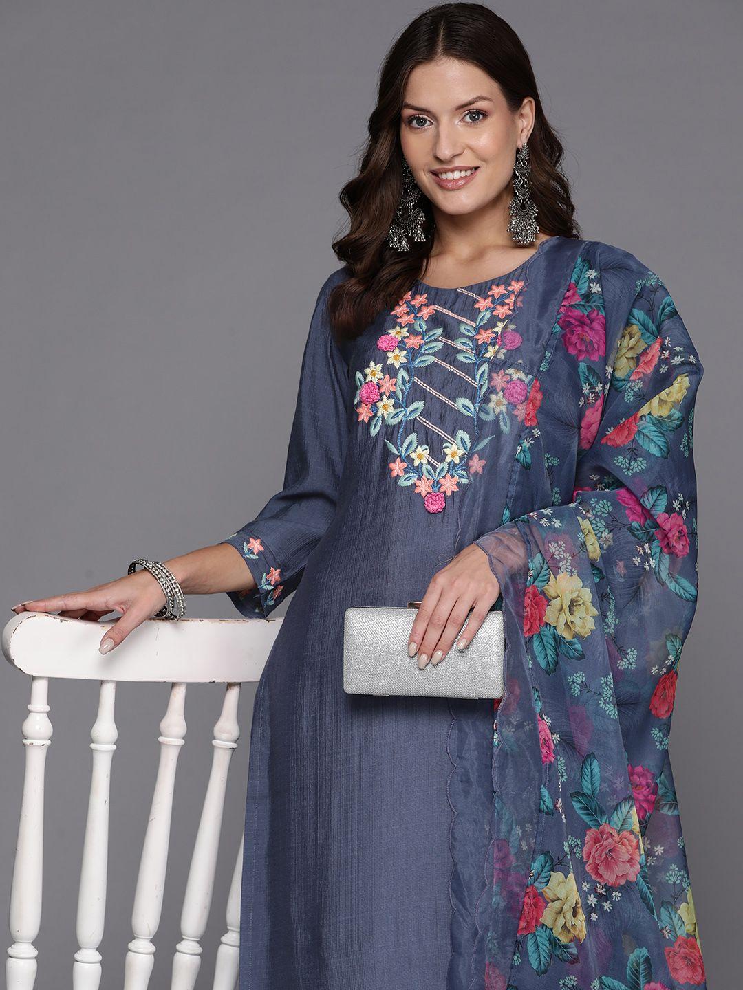 indo era women floral yoke design regular kurta with trousers & dupatta