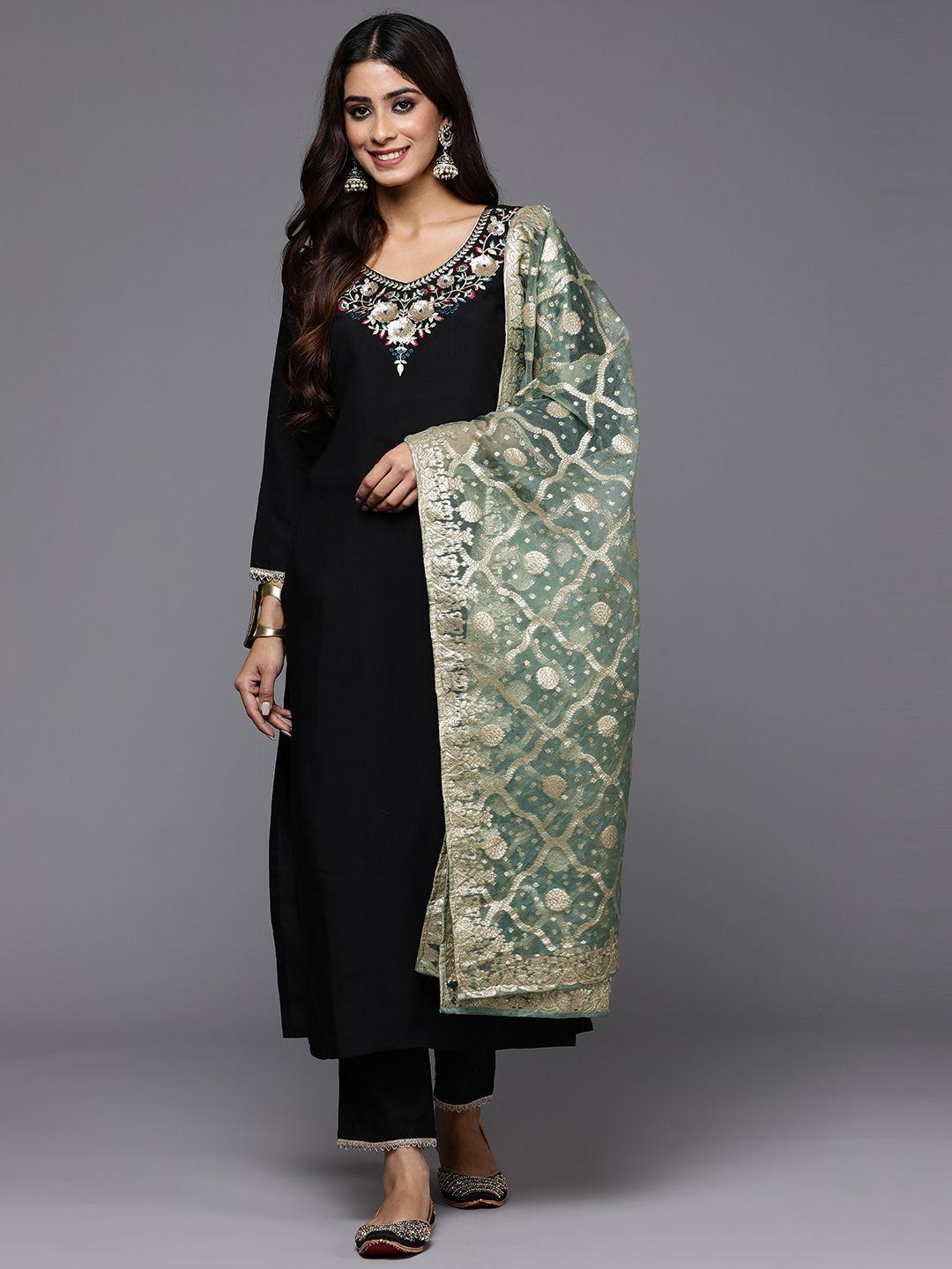 indo era women floral yoke design regular sequinned kurta with trousers & with dupatta