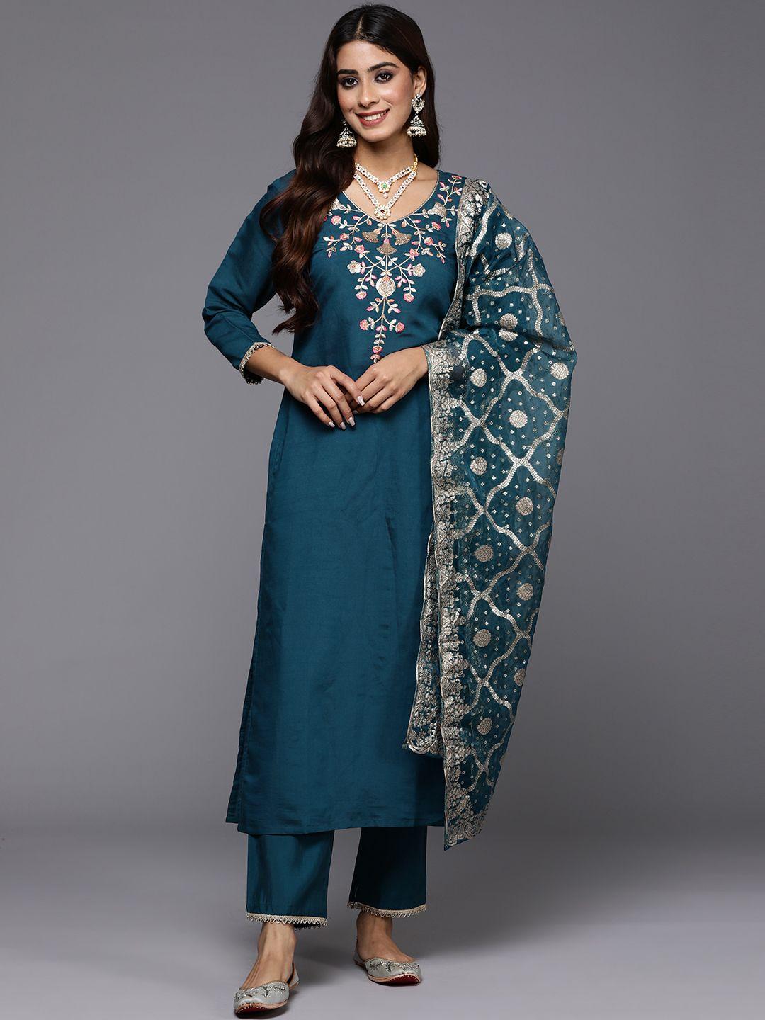 indo era women floral yoke design regular sequinned kurta with trousers & with dupatta
