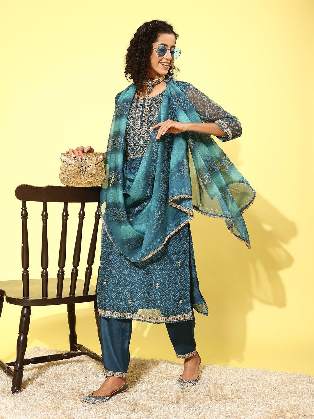 indo era women floral yoke design regular sequinned kurta with trousers & with dupatta