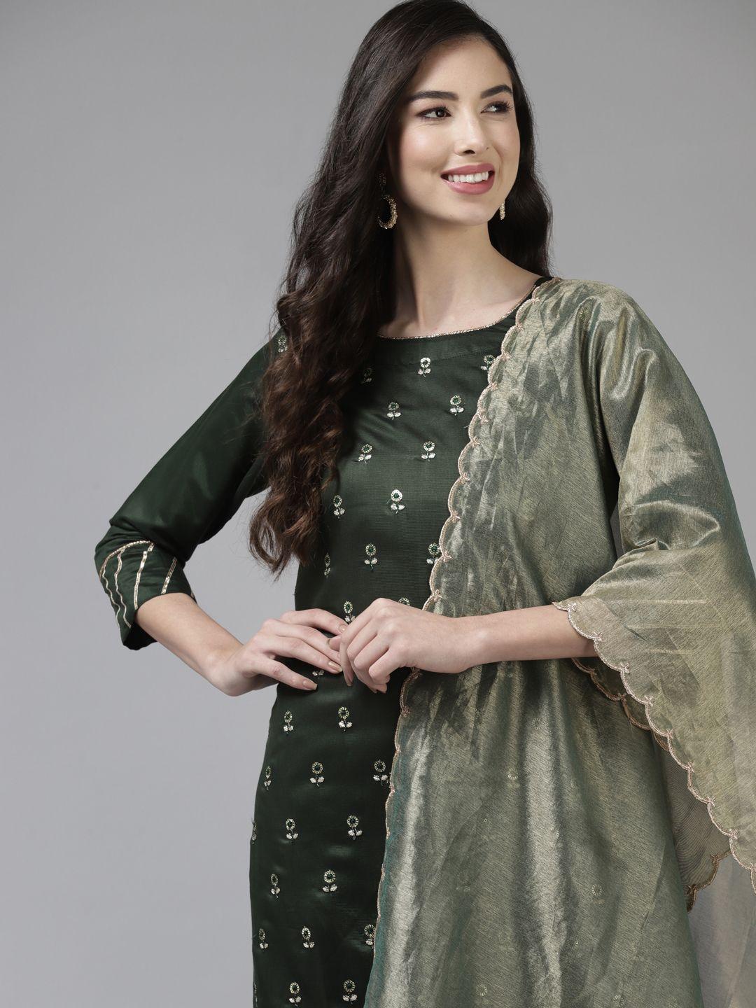 indo era women green & silver floral foil print festive kurta with trousers & dupatta