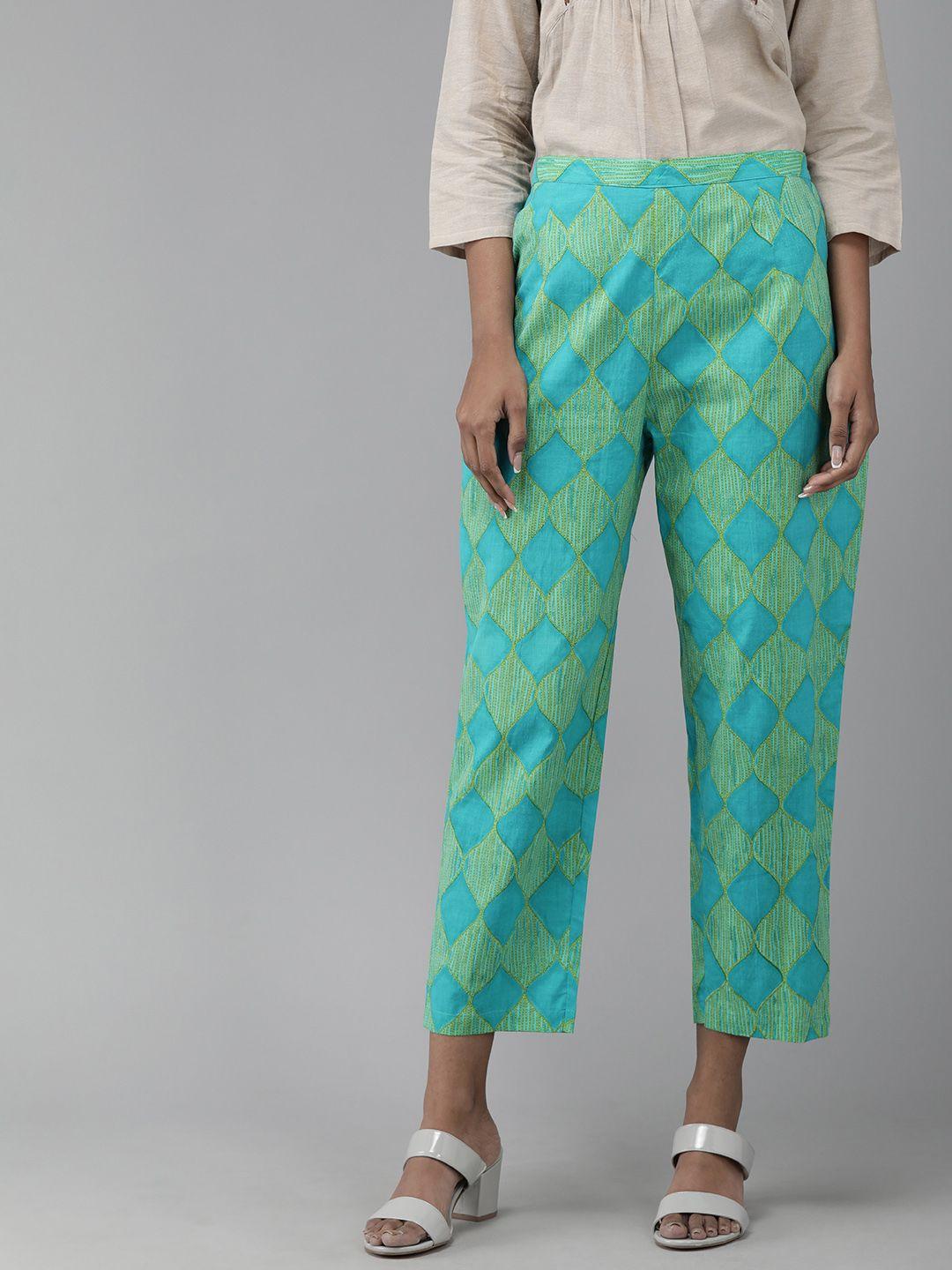 indo era women green & turquoise blue printed straight cropped palazzos