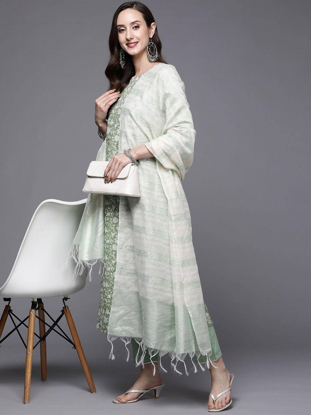 indo era women green & white floral print pure cotton kurta with trousers & dupatta