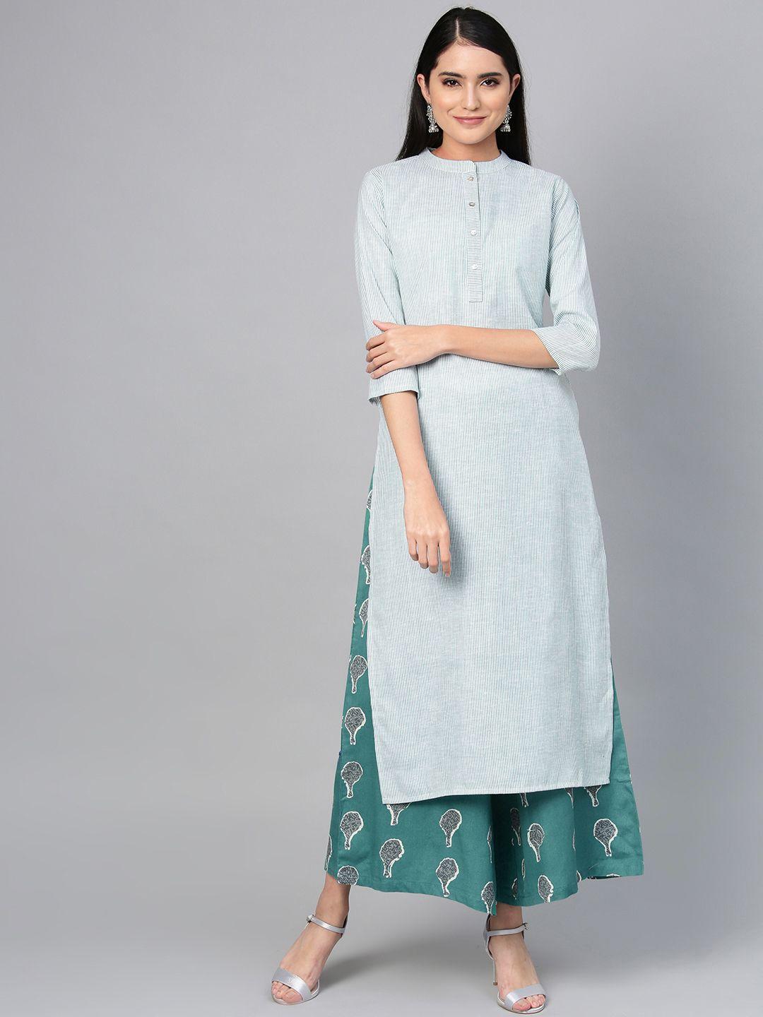 indo era women green & white striped straight kurta