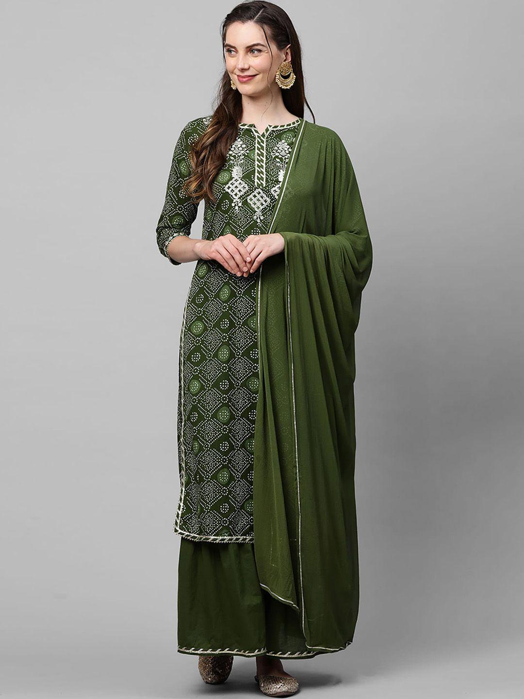 indo era women green bandhani printed regular thread work kurta with sharara & with dupatta