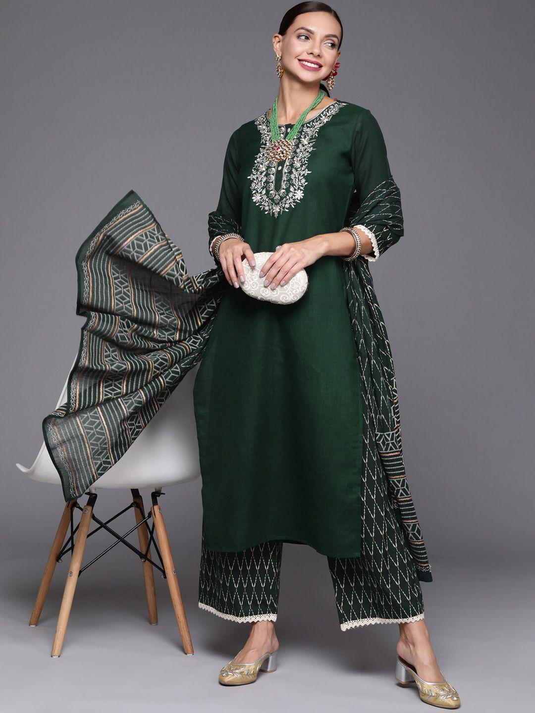 indo era women green ethnic motifs embroidered kurta with palazzos & with dupatta