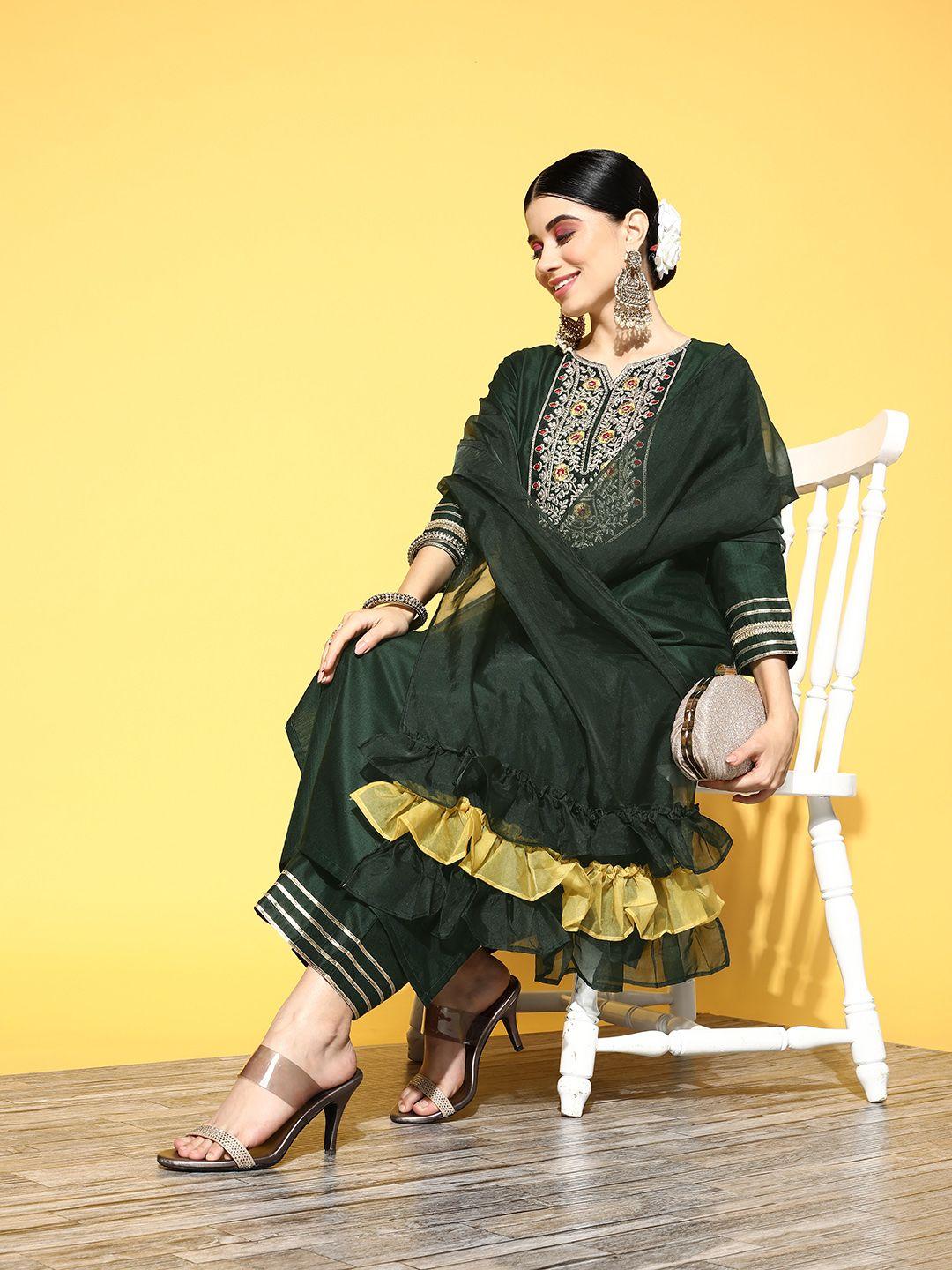 indo era women green ethnic motifs embroidered thread work liva kurta with palazzos & with dupatta