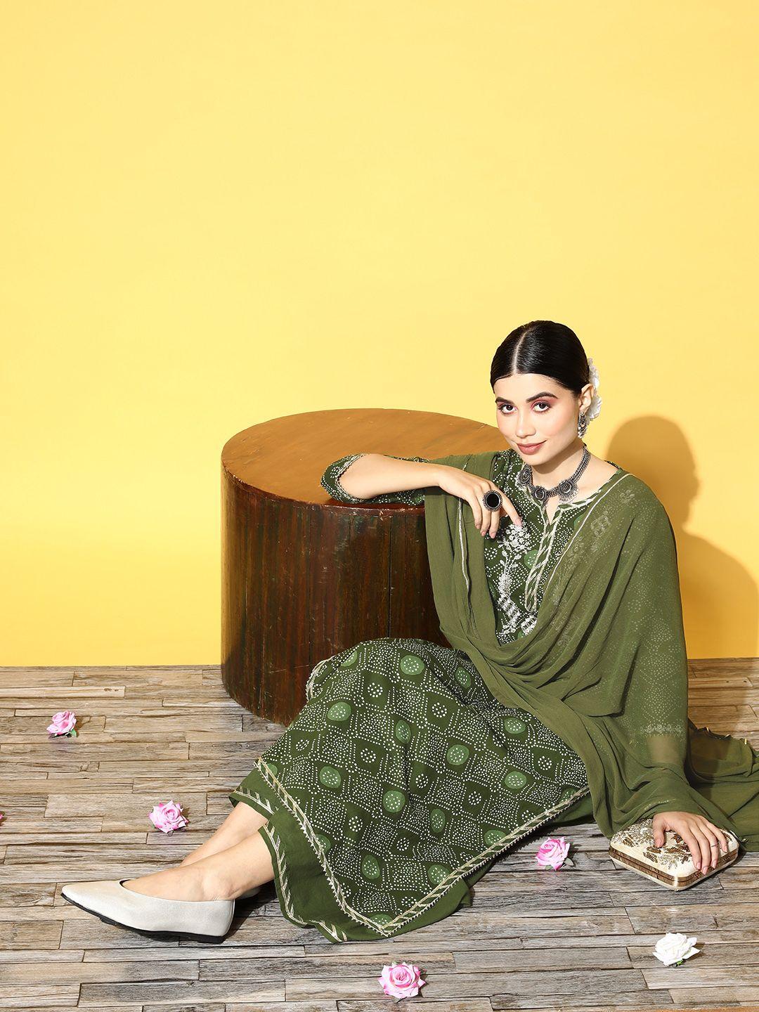 indo era women green ethnic motifs printed gotta patti kurta with sharara & with dupatta