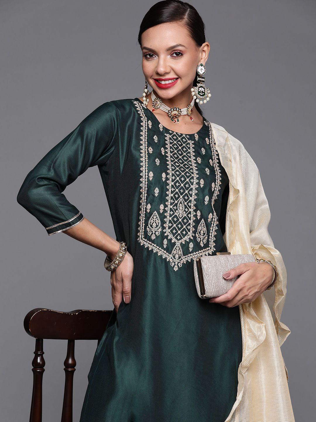 indo era women green ethnic motifs yoke design gotta patti kurta with trousers & dupatta