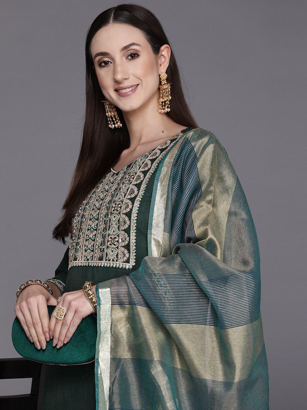 indo era women green ethnic motifs yoke design kurta with palazzos & dupatta