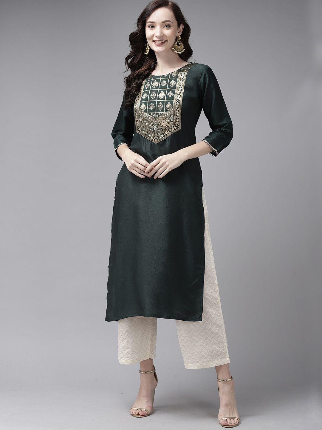 indo era women green ethnic motifs yoke design kurta