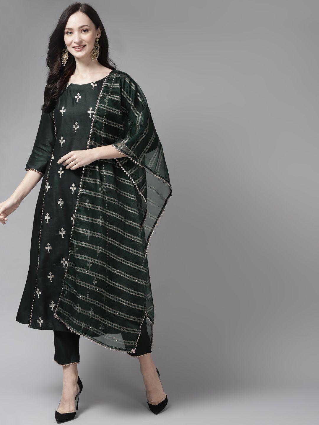 indo era women green floral embroidered gotta patti liva kurta with trousers & dupatta