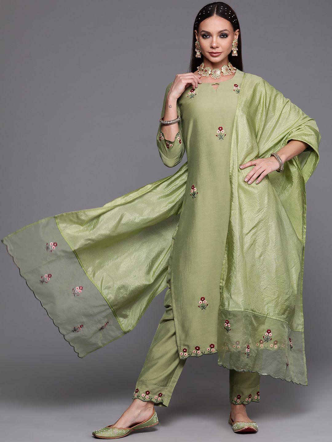 indo era women green floral embroidered kurta with trousers & with dupatta