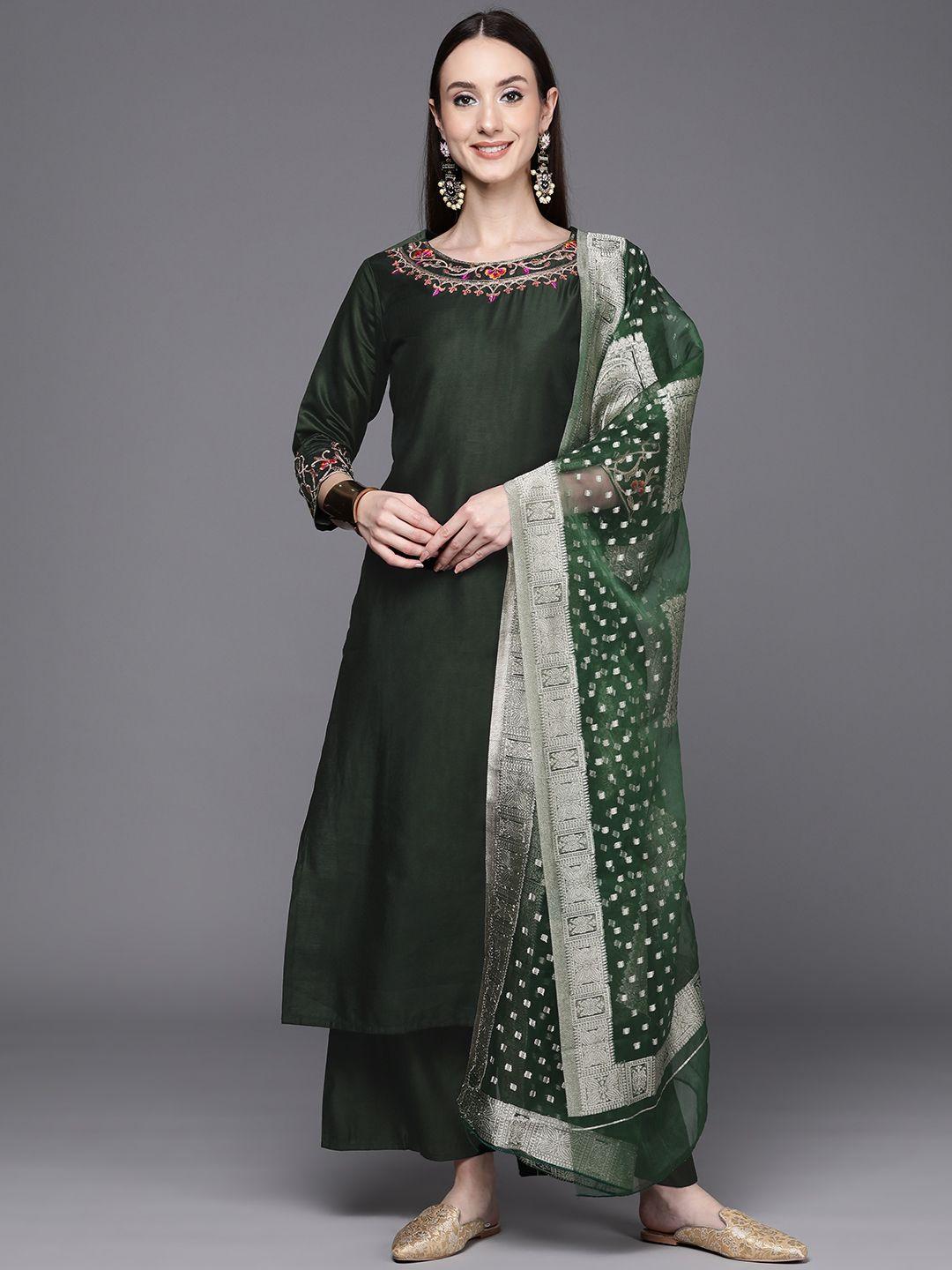 indo era women green floral embroidered liva kurta with palazzos & with dupatta