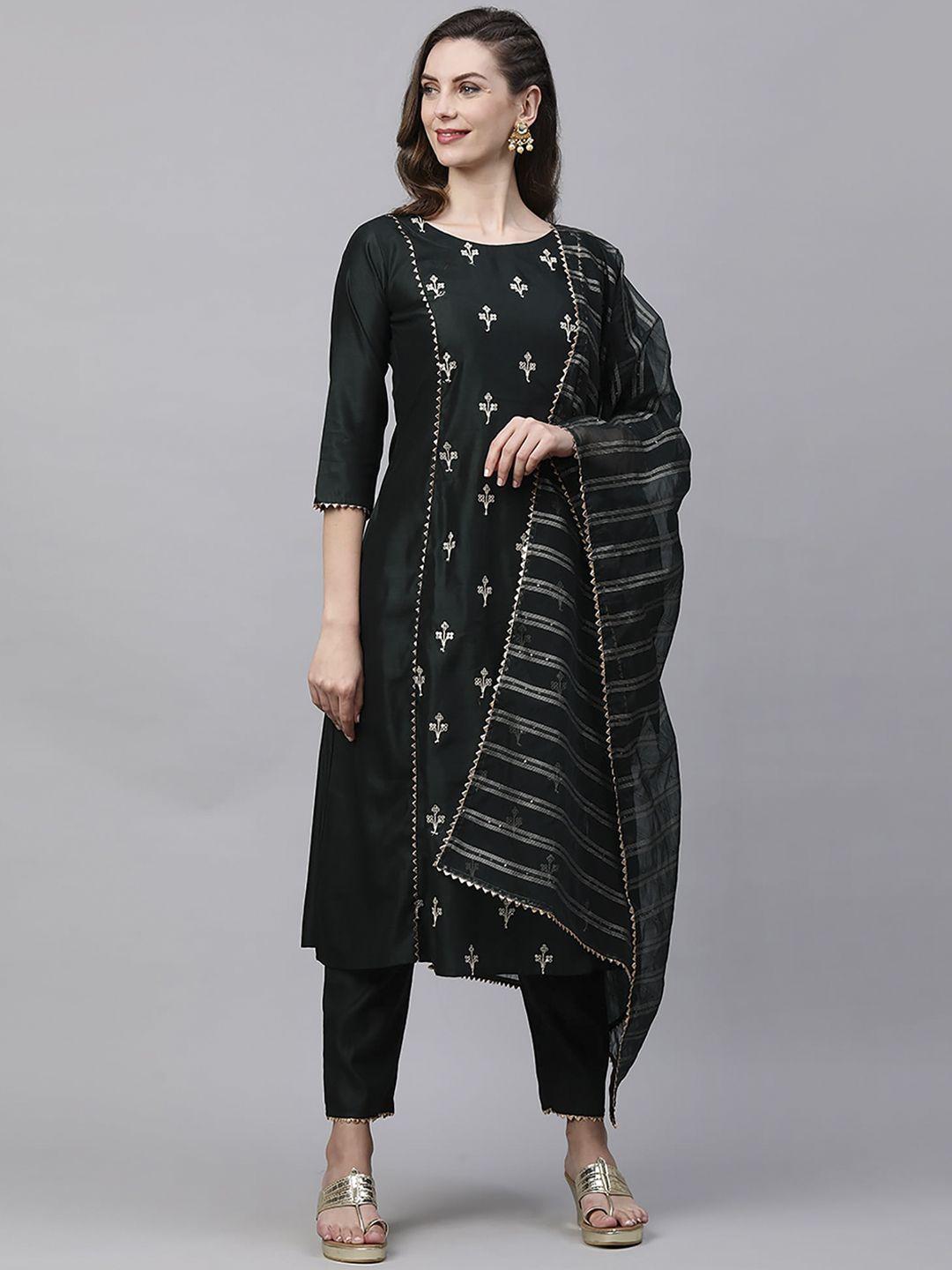 indo era women green floral embroidered panelled liva kurti with trousers & with dupatta