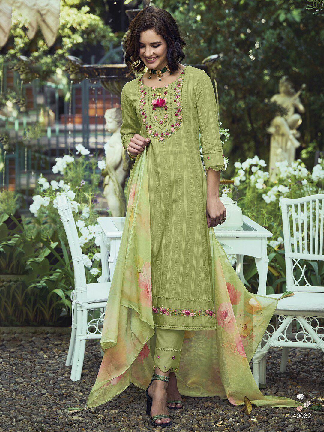 indo era women green floral embroidered regular thread work pure cotton kurta with trousers & with dupatta