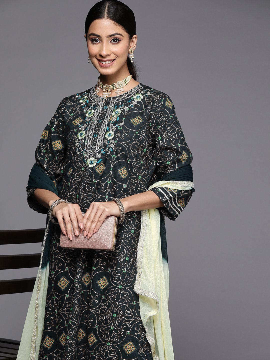 indo era women green floral embroidered thread work kurta with sharara & with dupatta