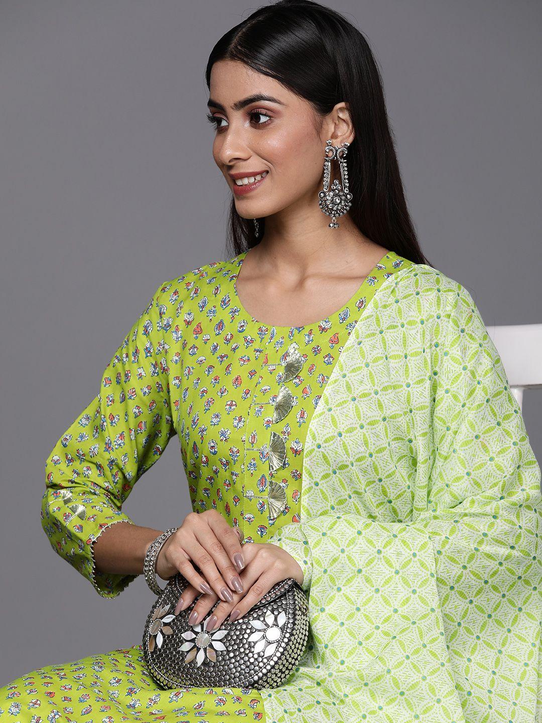 indo era women green floral printed gotta patti pure cotton kurta with trousers & with dupatta