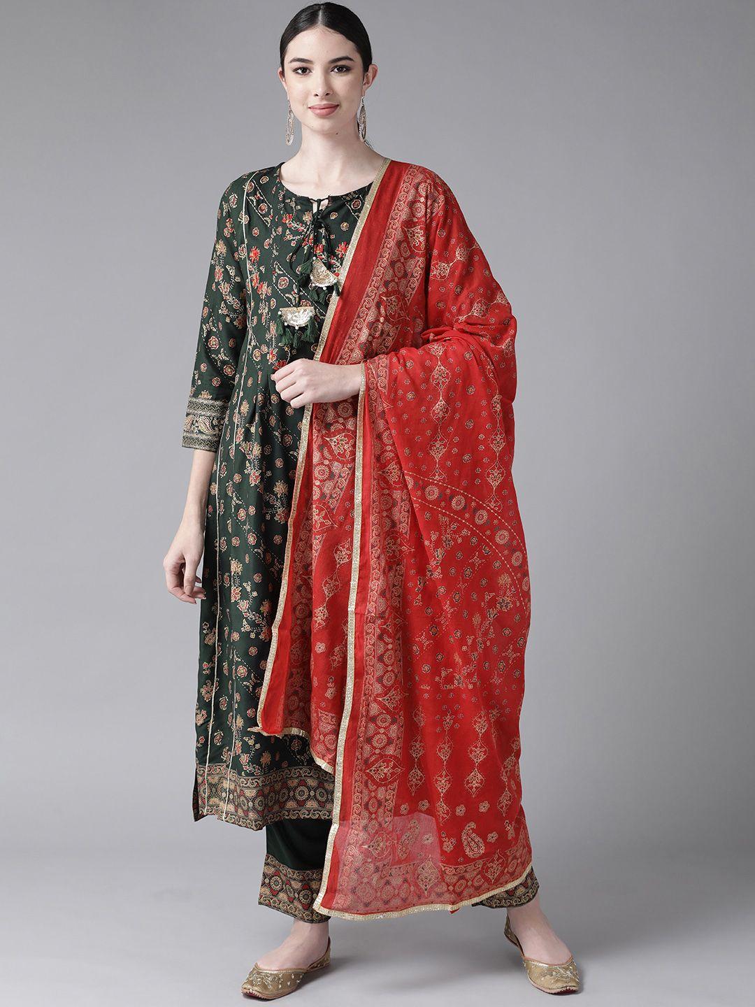 indo era women green paisley printed empire kurta with trousers & with dupatta