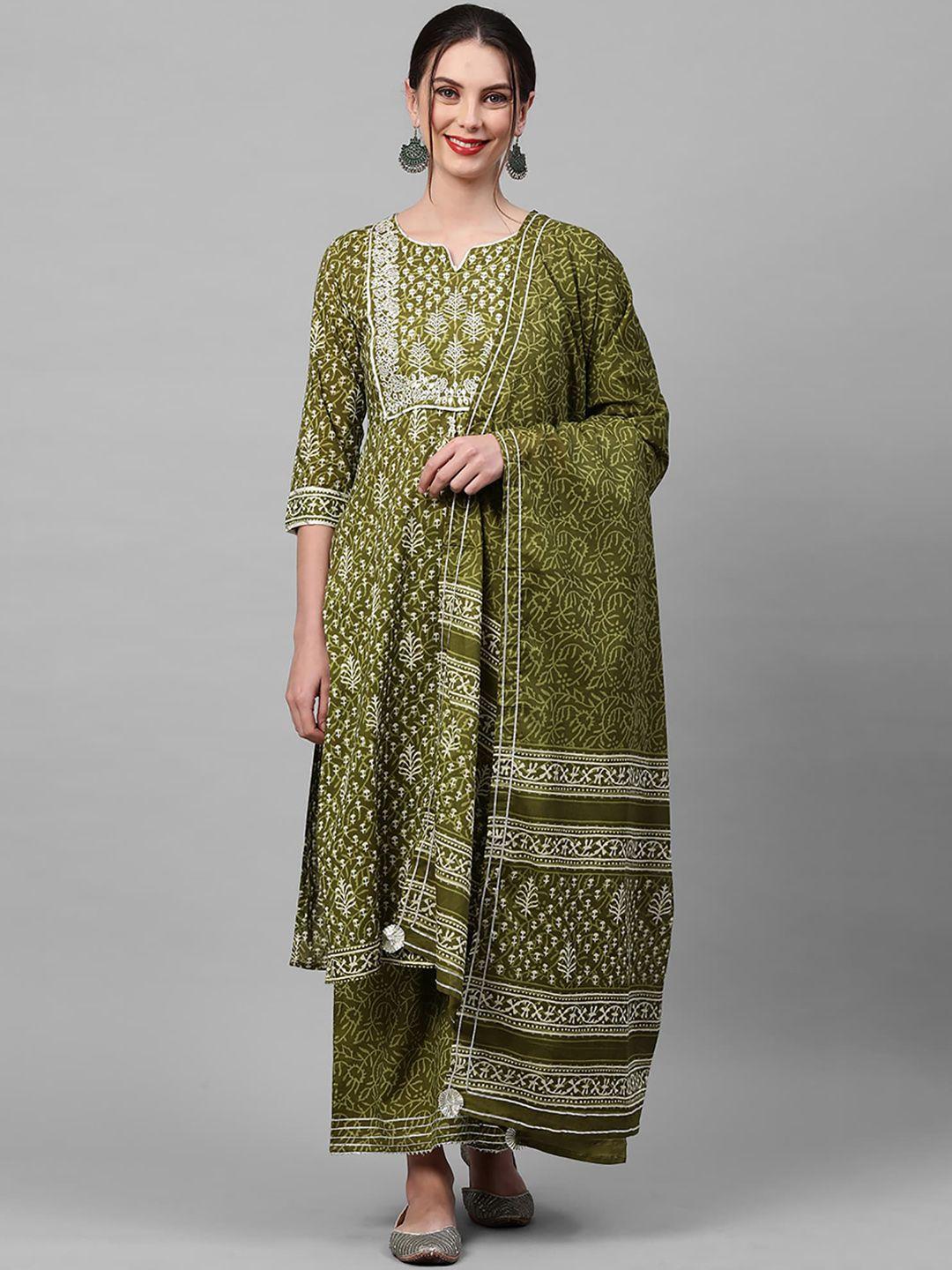 indo era women green printed kurta with palazzos & with dupatta