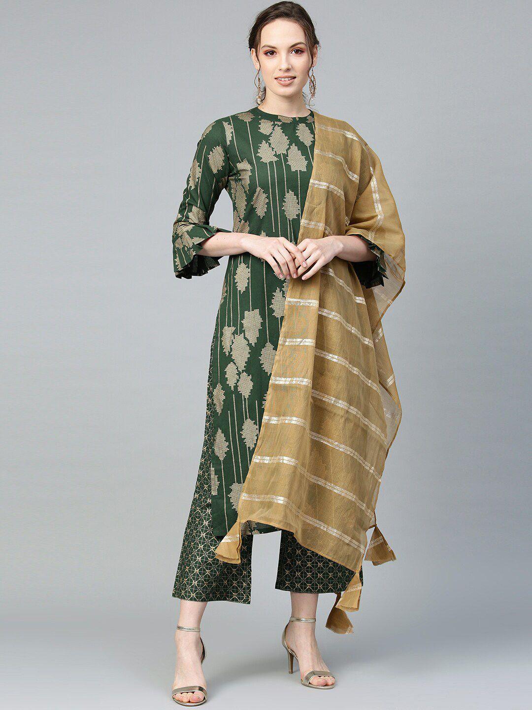 indo era women green printed panelled pure cotton kurta with trousers & with dupatta