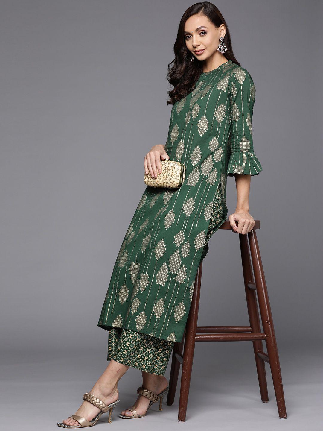 indo era women green printed pure cotton kurta with palazzos