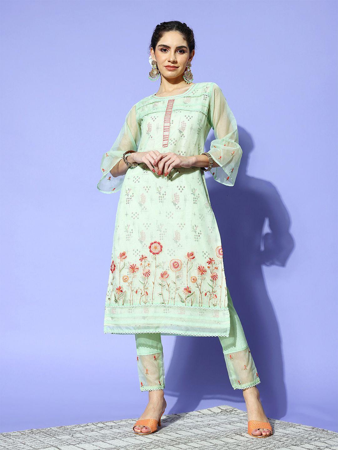 indo era women green silk blend pakistani suit kurta set