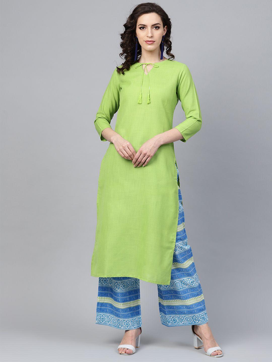 indo era women green solid straight kurta