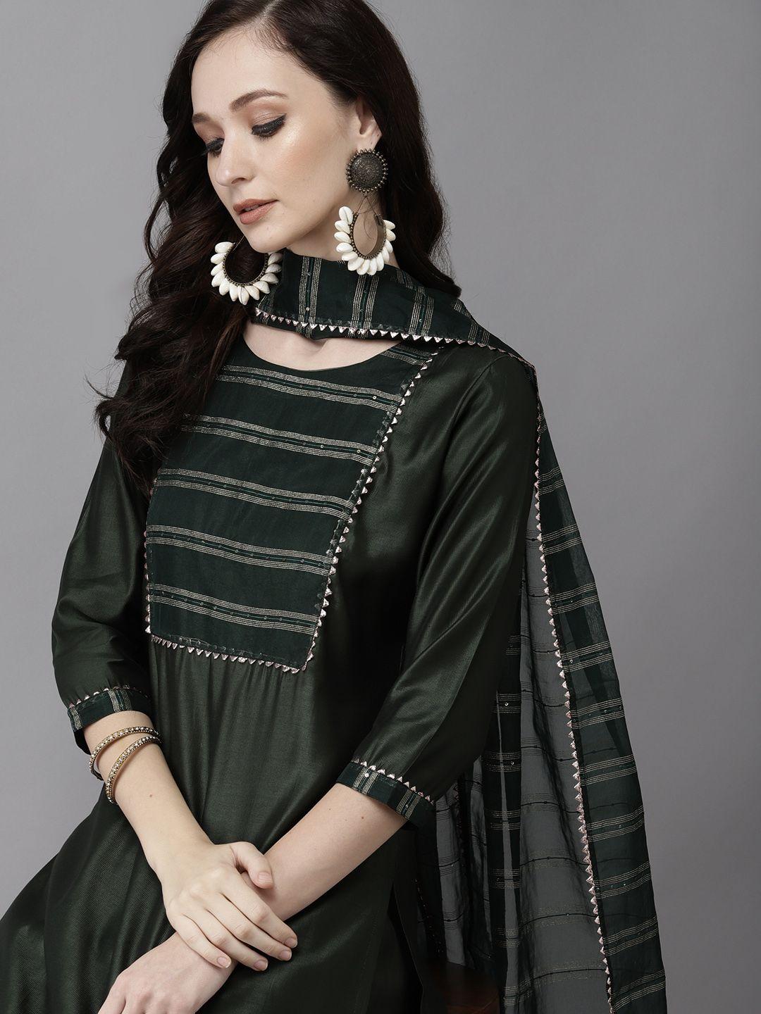 indo era women green yoke design gotta patti liva kurta with trousers & with dupatta